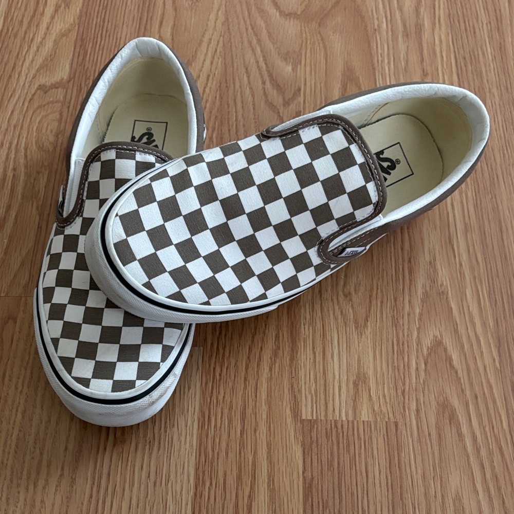 Vans Classic Slip-On Checkerboard Shoes in Brown and White